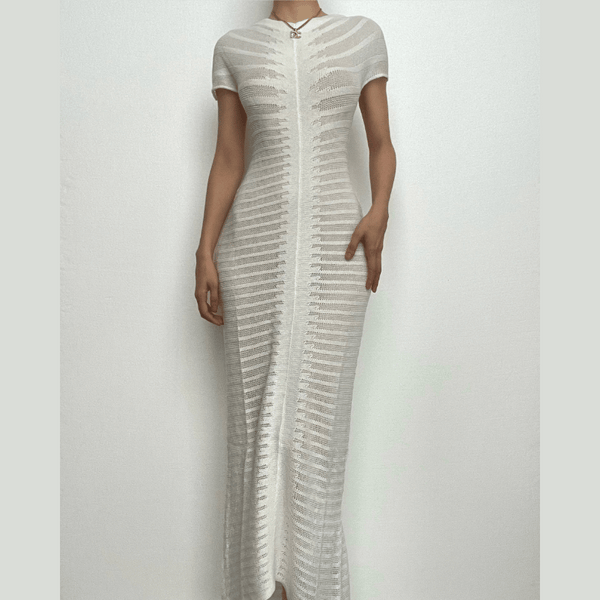 Crochet see through short sleeve button solid maxi dress