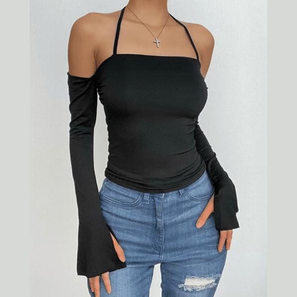 Long sleeve halter ruched off shoulder solid backless top