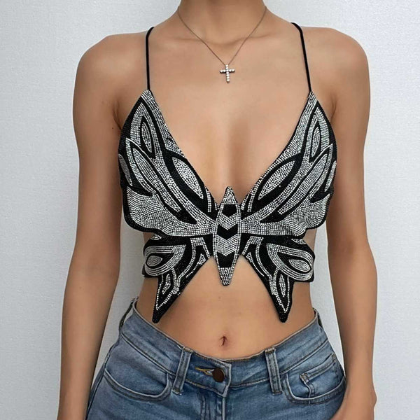 Beaded butterfly cross back contrast v neck lace up backless crop top