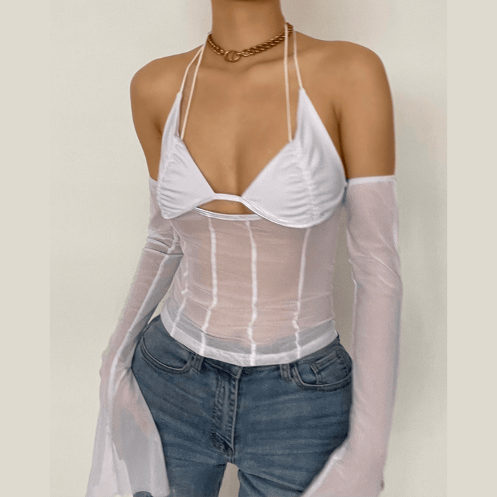 Tie back mesh see-through off shoulder halter top - Halibuy