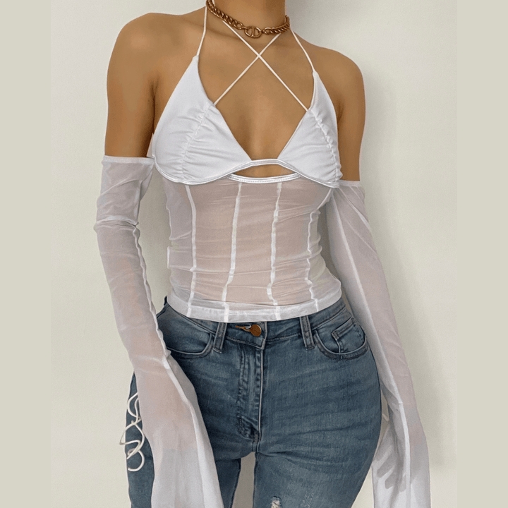 Tie back mesh see-through off shoulder halter top - Halibuy