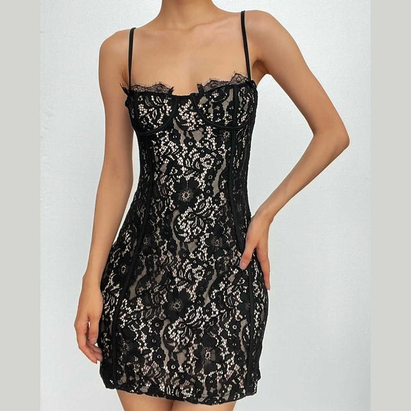 Lace contrast zip-up backless cami mini dress