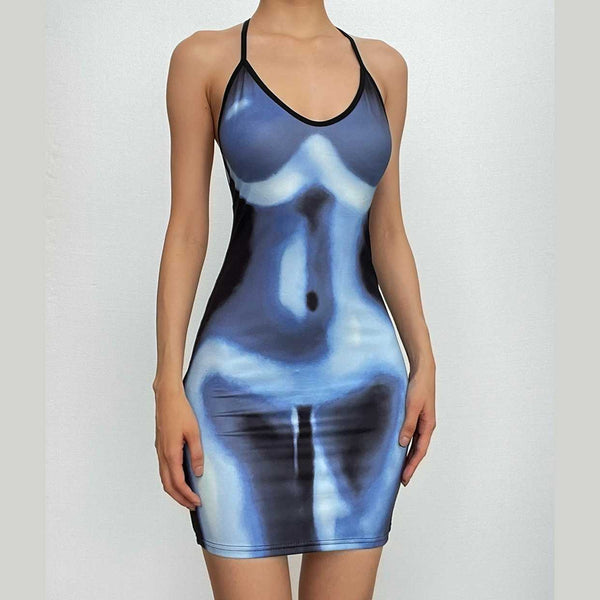 Sleeveless thermal body print halter self tie backless mini dress