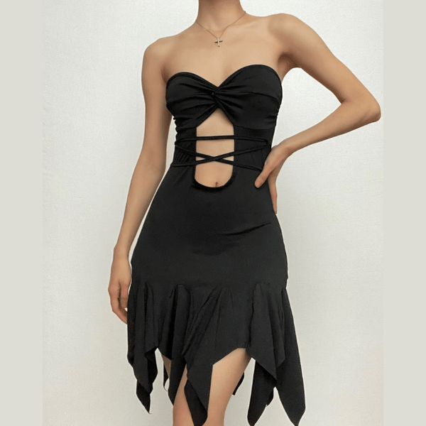 Hollow out ruffle solid knotted self tie irregular tube mini dress