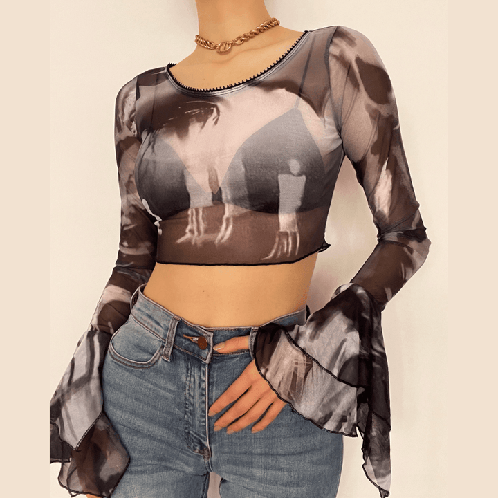 Round neck mesh print long sleeve crop top - Halibuy