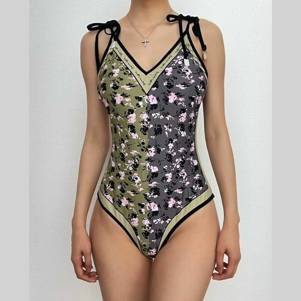 Flower pattern contrast self tie v neck backless one piece swimwear