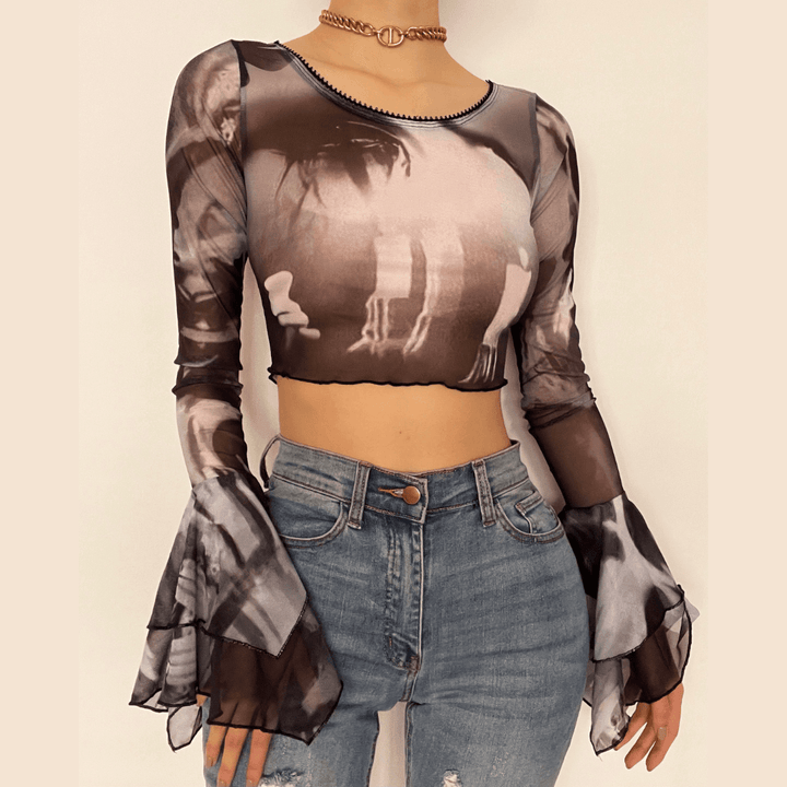 Round neck mesh print long sleeve crop top - Halibuy