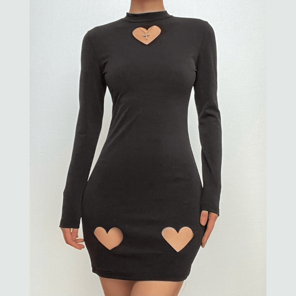 Heart hollow out long sleeve solid high neck mini dress