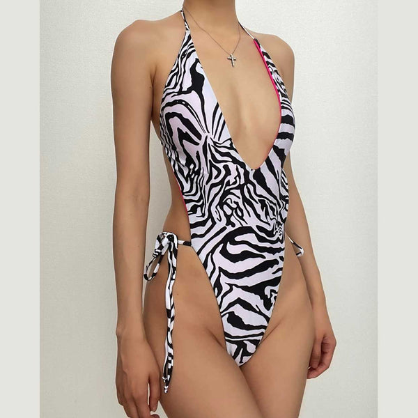 Zebra print v neck halter contrast self tie backless one piece swimwear