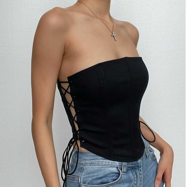 Lace up side solid bustier crop top