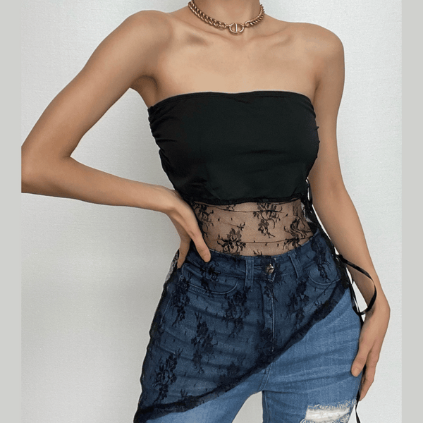 Lace up backless lace patchwork irregular tube top
