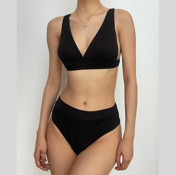 Backless padded solid v neck bikini swimwear