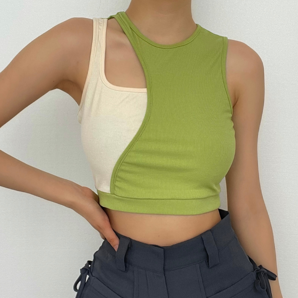 Contrast hollow out ribbed sleeveless crop cut out top