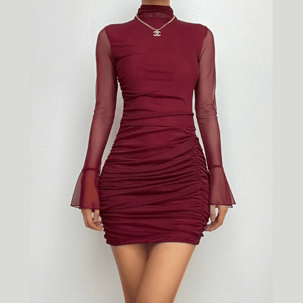 Mesh solid long sleeve turtle neck ruched zip-up mini dress