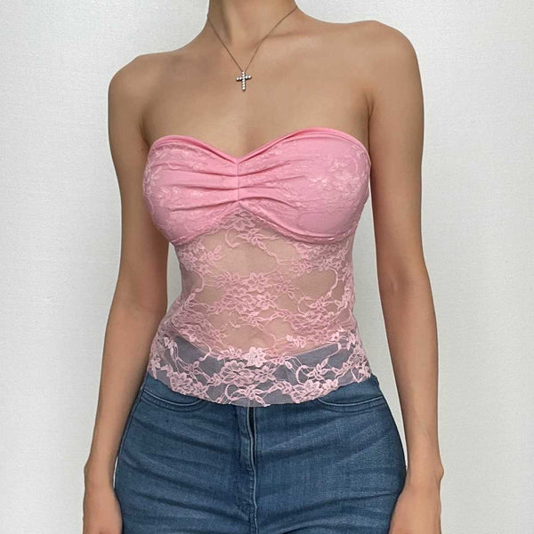Lace solid ruched sweetheart neck backless self tie tube top