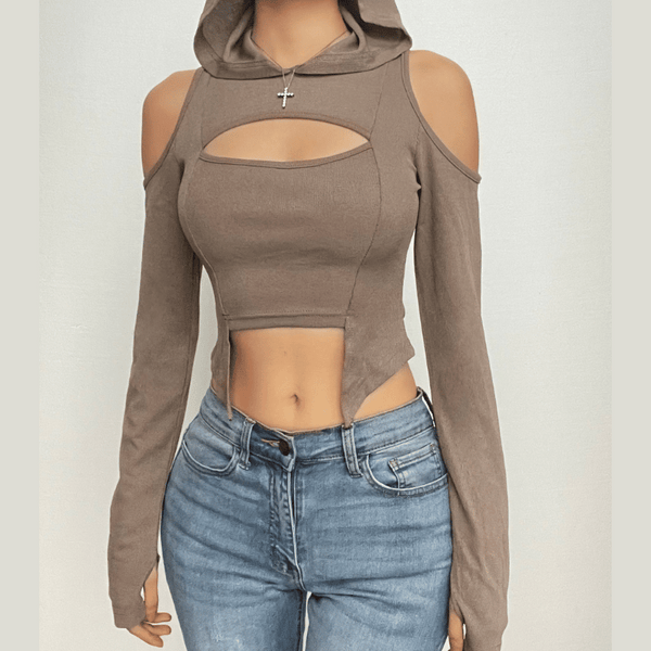 Hollow out off shoulder gloves hoodie long sleeve crop cut out top