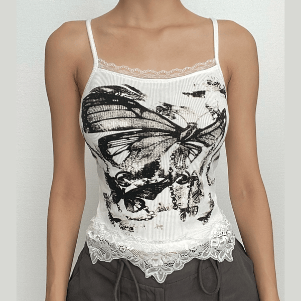 Ribbed butterfly pattern lace hem contrast cami crop top