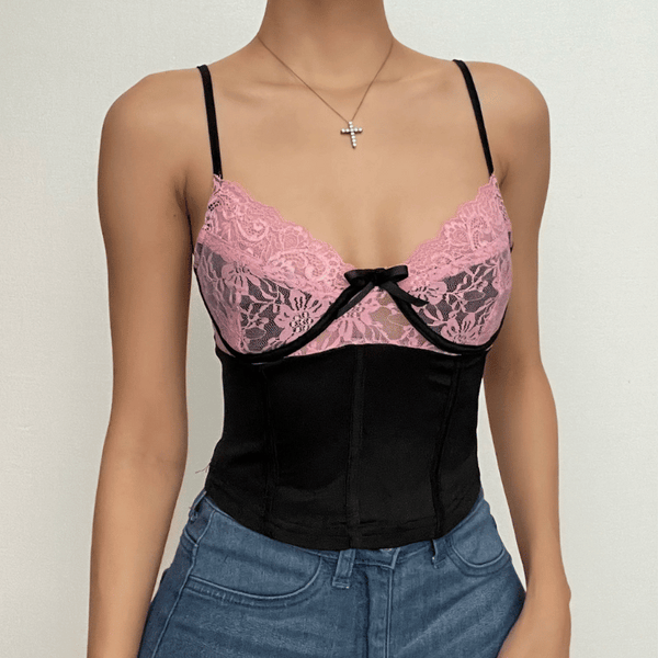 Bowknot lace backless bustier patchwork contrast cami top