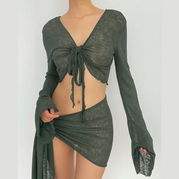 Sheer mesh see through v neck knotted irregular long sleeve skirt set