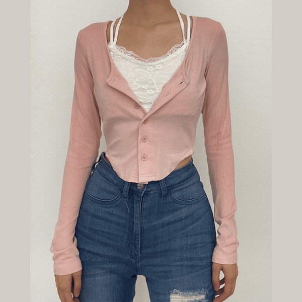 Long sleeve halter contrast lace hem self tie button crop top