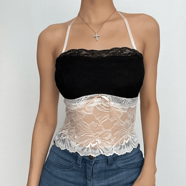 Halter bowknot lace contrast backless see through crop top