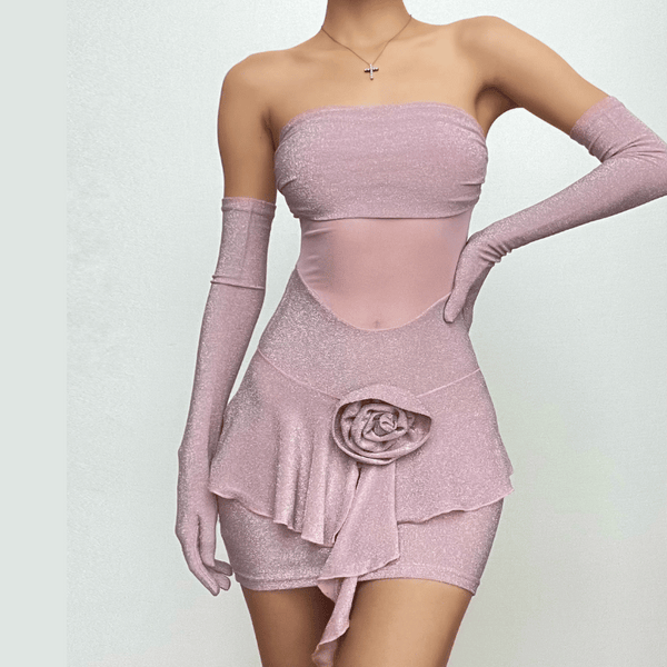 Gloves flower applique mesh patchwork ruched tube mini dress