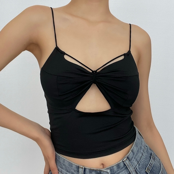 Ruched hollow out solid bowknot backless cami cut out top