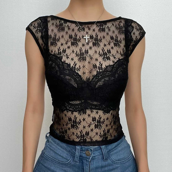 Lace solid see through halter cap sleeve backless crop top