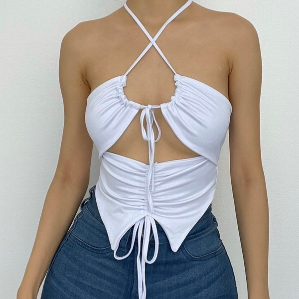 Double layered halter drawstring hollow out ruched solid crop cut out top