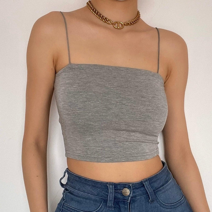 Double layered solid spaghetti strap crop cami top - Halibuy