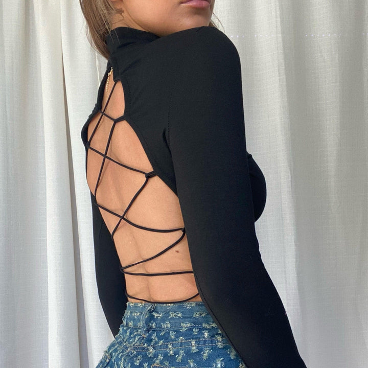 Lace up back long sleeve crop top - Halibuy