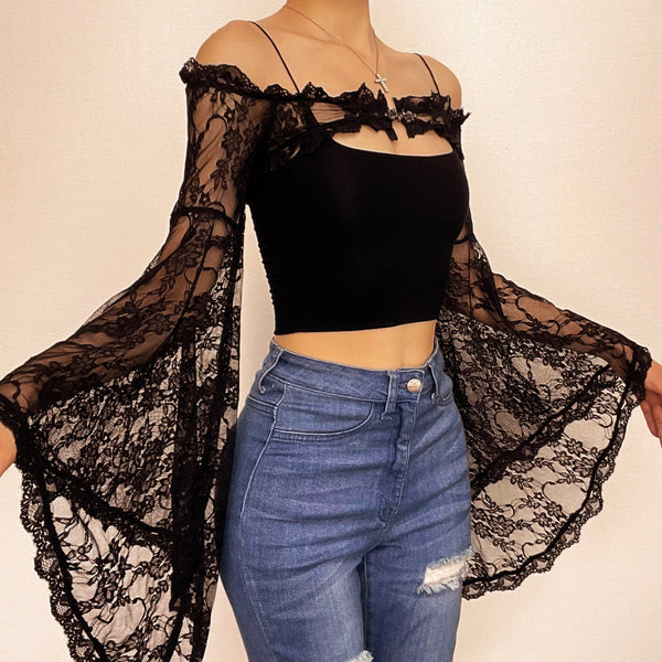 Lace off shoulder flared sleeve solid button shrug top