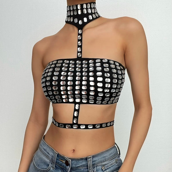 Beaded contrast halter hollow out backless crop cut out top