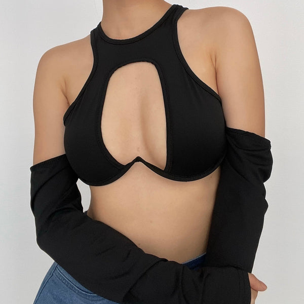 Hollow out solid round neck low cut gloves crop cut out top