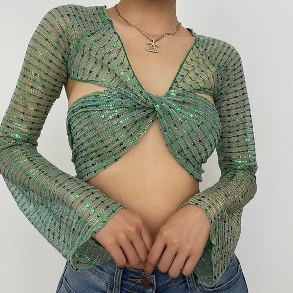 Sheer mesh see through knotted self tie long sleeve glitter crop top