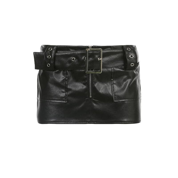 Pocket zip-up PU leather low rise buckle mini skirt