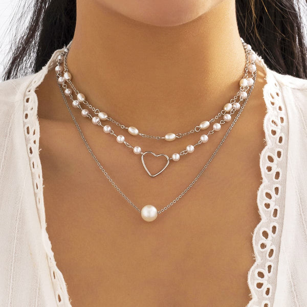 Faux pearl heart 3 pcs necklace