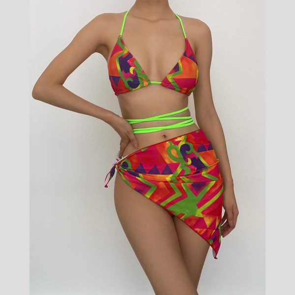 Contrast print self tie halter 3 piece swimwear