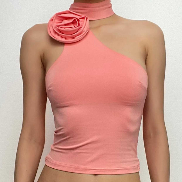 Top corto sin mangas con espalda descubierta y cinta con apliques de flores lisas con cuello halter 