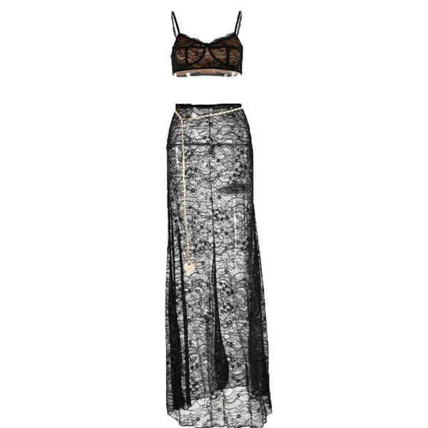 Conjunto de falda larga de tirantes transparente con cuello en V y encaje en contraste