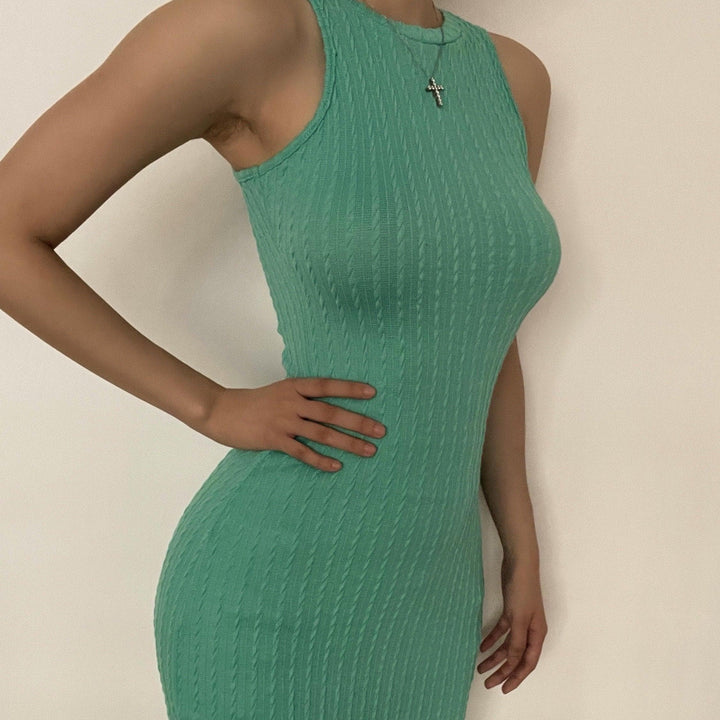 Crewneck knitted solid sleeveless dress - Halibuy