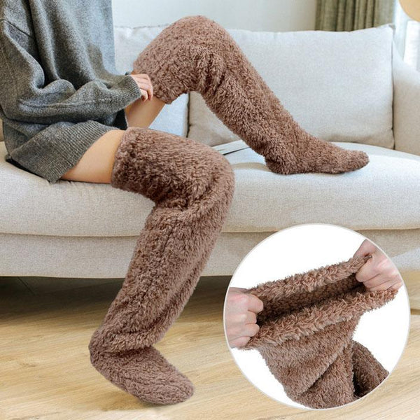 Warm fluffy solid thigh high stockings