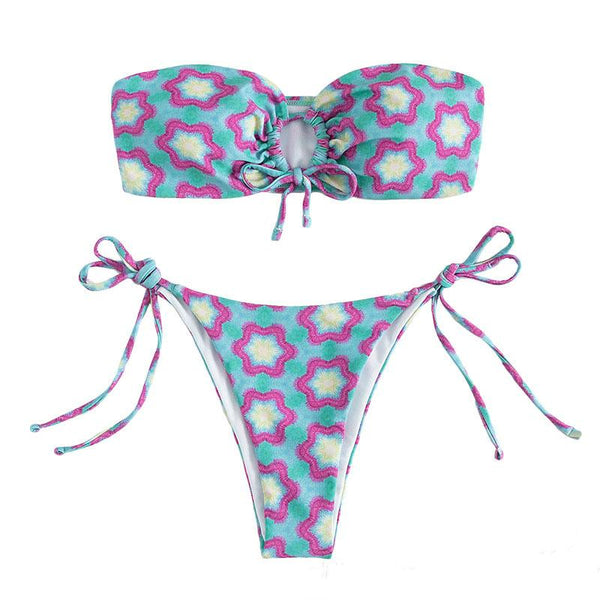 Contrast o ring flower pattern self tie padded tube bikini swimwear