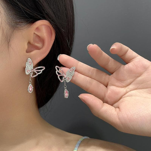 Rhinestone irregular butterfly pendant earrings