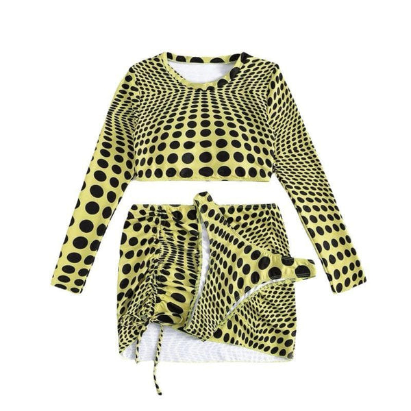 Polka dot contrast long sleeve drawstring 3 piece swimwear