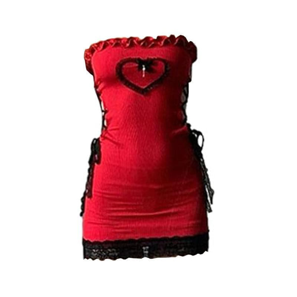 Ruffle bowknot lace up lace hem heart pattern hollow out tube mini dress