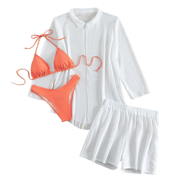 Chiffon long sleeve halter self tie contrast 4 piece swimwear