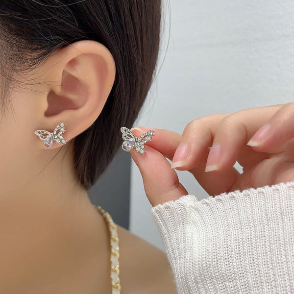 Butterfly pendant stone rhinestone earrings