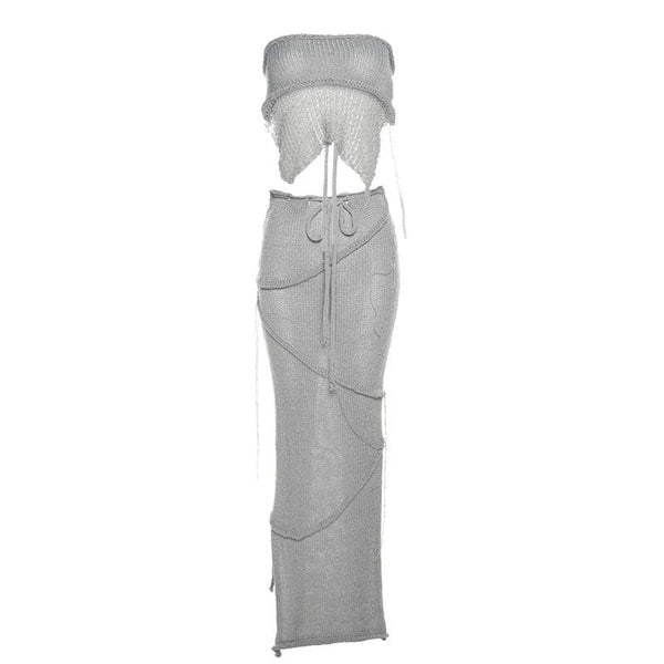 Backless self tie slit solid tube knitted maxi skirt set
