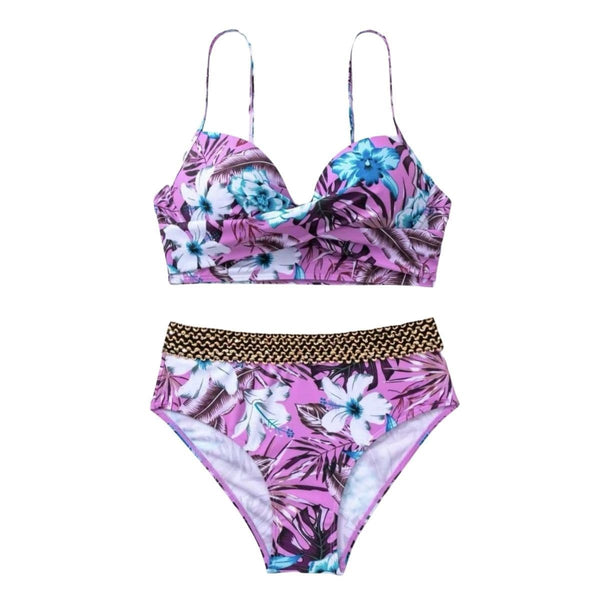 Flower pattern contrast padded backless cami bikini swimwear